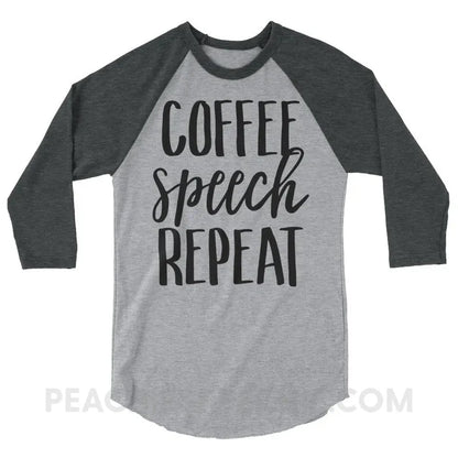 Coffee Speech Repeat Baseball Tee - Heather Grey/Heather Charcoal / XS - T-Shirts & Tops peachiespeechie.com