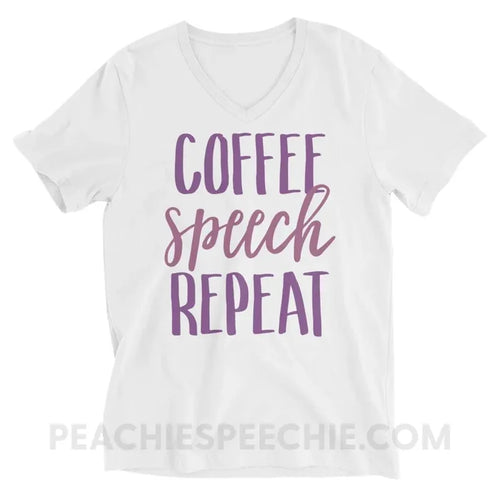 Coffee Speech Repeat Soft V-Neck - White / S - T-Shirts & Tops peachiespeechie.com