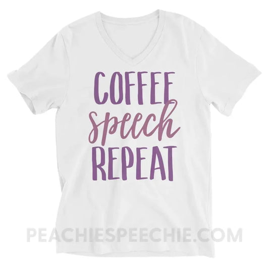 Coffee Speech Repeat Soft V-Neck - White / S - T-Shirts & Tops peachiespeechie.com