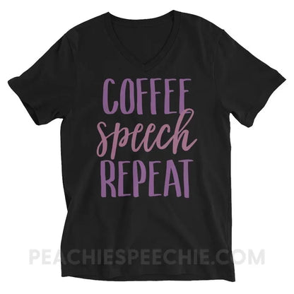 Coffee Speech Repeat Soft V-Neck - Black / S - T-Shirts & Tops peachiespeechie.com