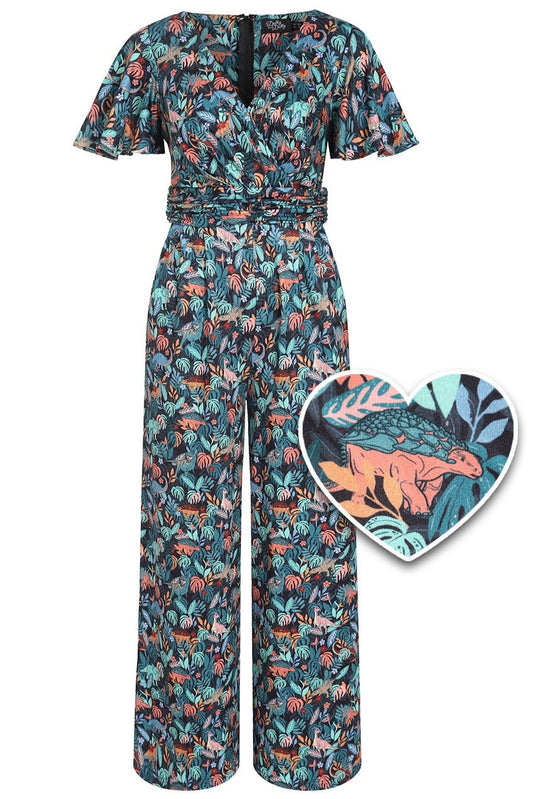 Esther Colourful Dinosaur Jumpsuit In Green