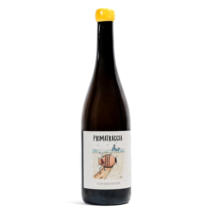 Primatraccia wine bottle with yellow cap and illustrated label
