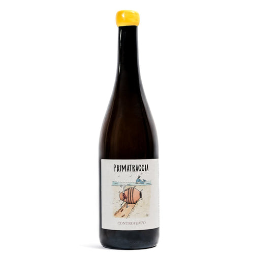 Primatraccia wine bottle with yellow cap and illustrated label