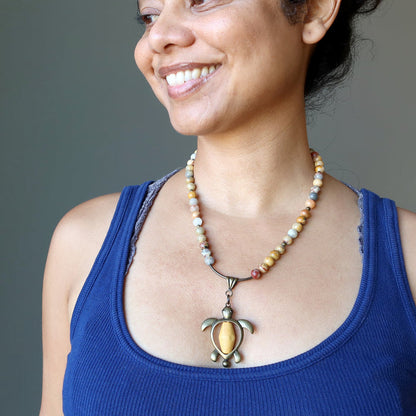 Crazy Lace Agate turtle necklace