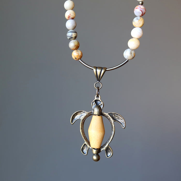 Crazy Lace Agate turtle necklace