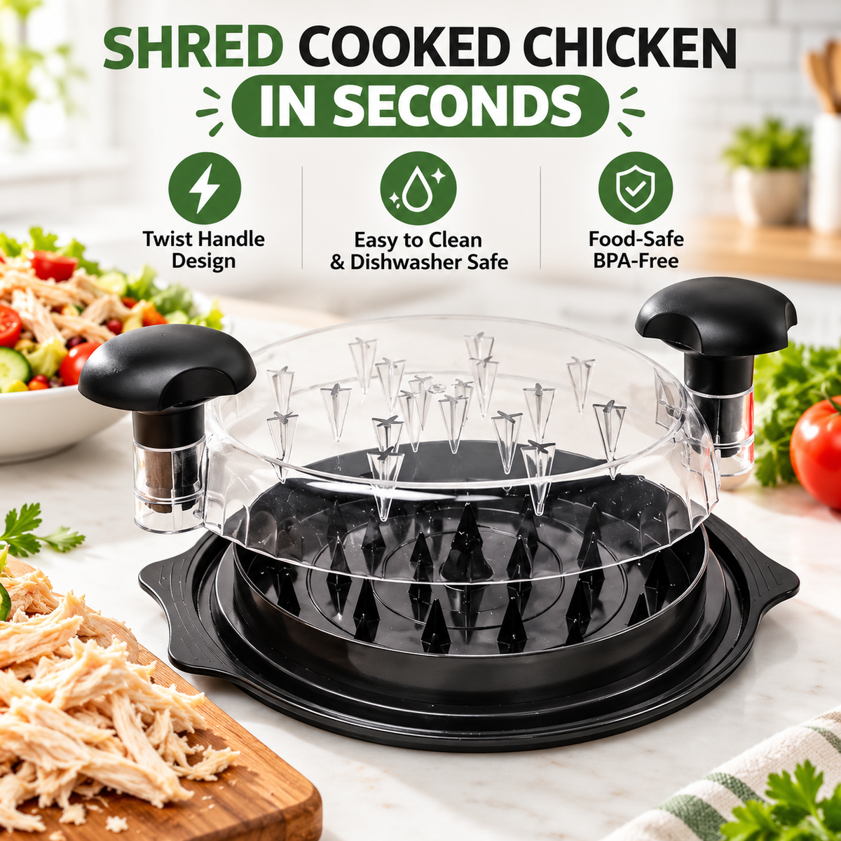 Large Capacity Meat Shredder with Visible Lid – BPA-Free Chicken Shredder Tool, Dishwasher-Safe & Anti-Slip Ergonomic Handle, Black