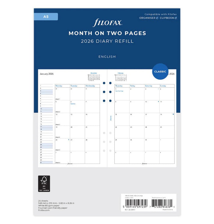 Filofax - 2026 Dated A5 Size Monthly Refills