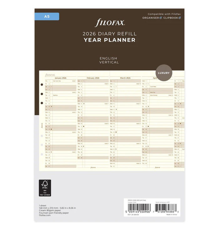 Filofax - 2026 Dated A5 Size Yearly Refills