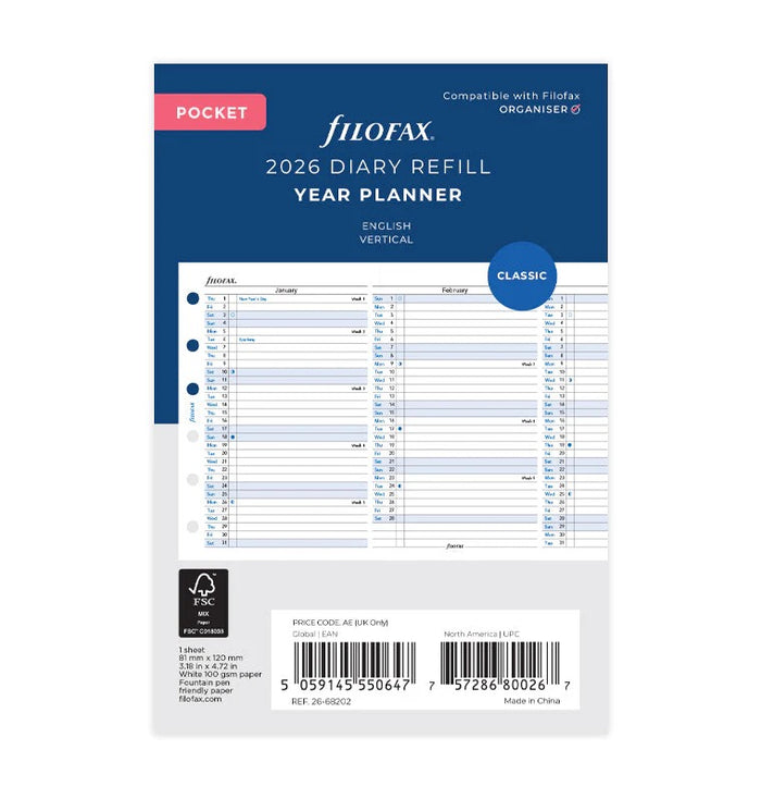 Filofax - 2026 Dated Pocket Size Yearly Refills