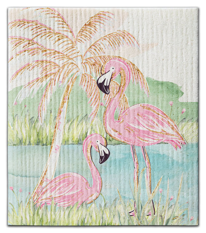 Flamingos (2) w/ Palm Tree Swedish Dishcloth