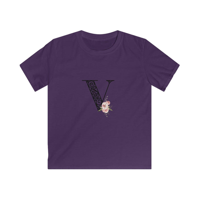Floral Letters: Letter V - Kids Softstyle Tee - Whippie's