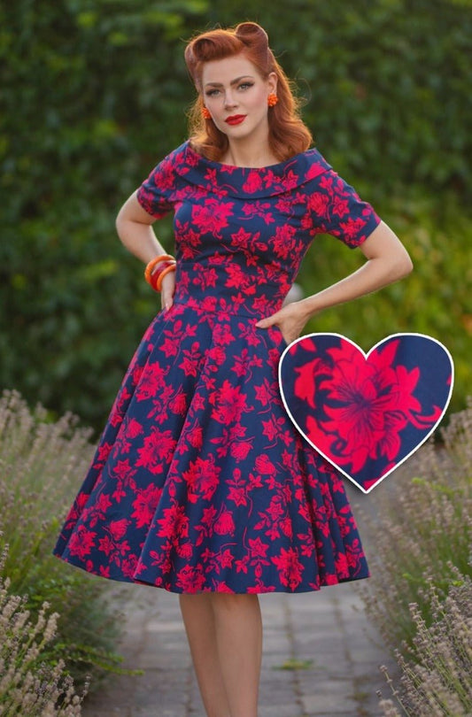 Darlene Floral Roses Swing Dress in Blue-Red