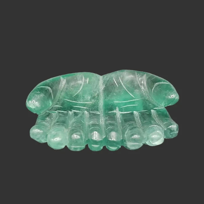 This is the front view of this hand carved and polished green fluorite palm of hands bowl.