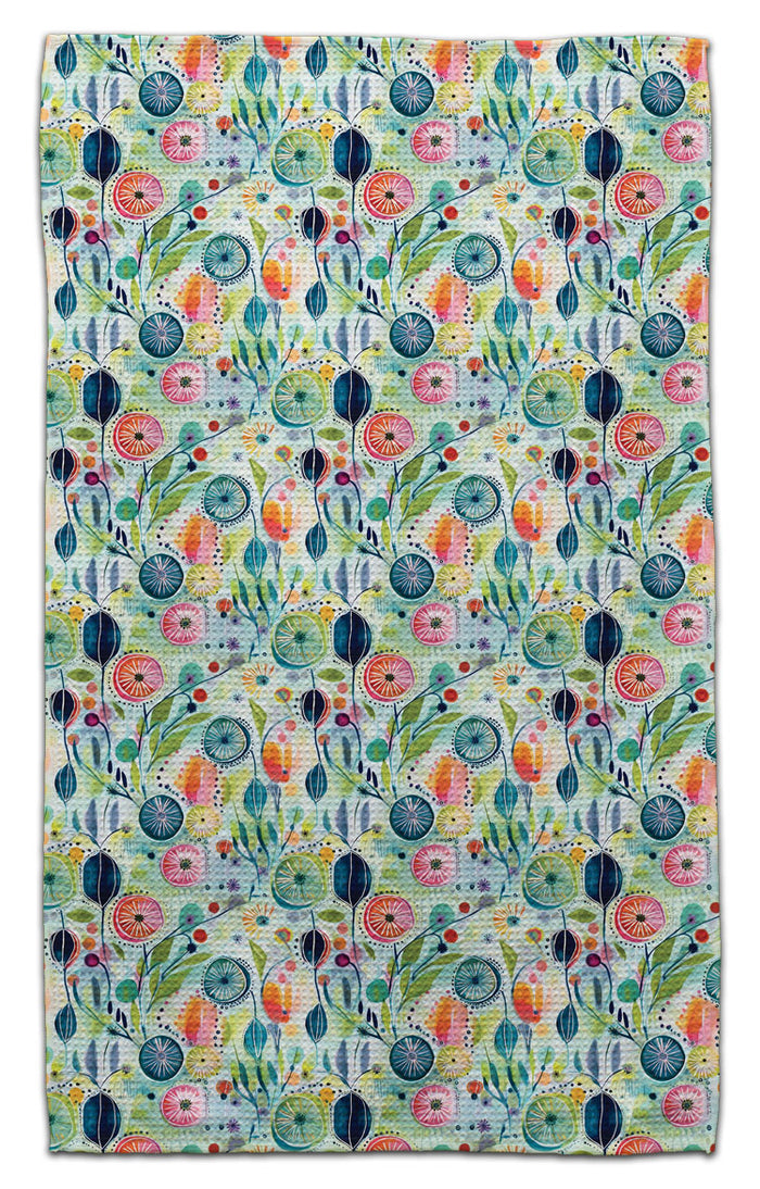 Green Blue Flowers Waffle Weave Towel - CJ Bella Co.