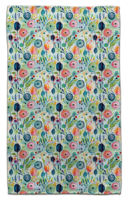 Green Blue Flowers Waffle Weave Towel - CJ Bella Co.