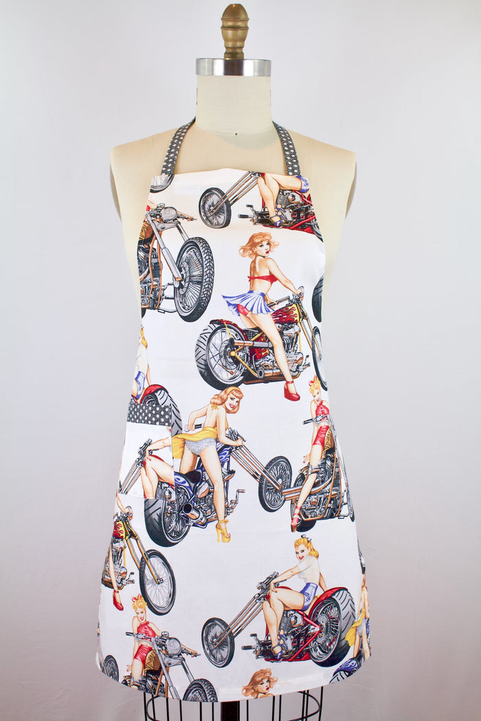 Hot Wheels Pin Ups Apron-The Blue Peony-Age Group_Adult,Apron Style_Chef,Department_Kitchen,Material_Cotton,Theme_Hunks,Theme_Transportation