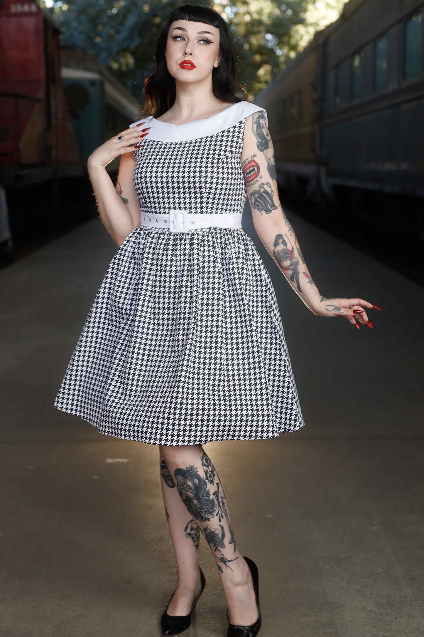 Cindy Houndstooth Roll Collar Dress