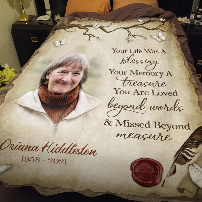 In Loving Memory Blanket For Loss Of Mother Gift, Memorial Butterfly Blanket, Personalized Photo Throw Blanket, Bereavement Poem