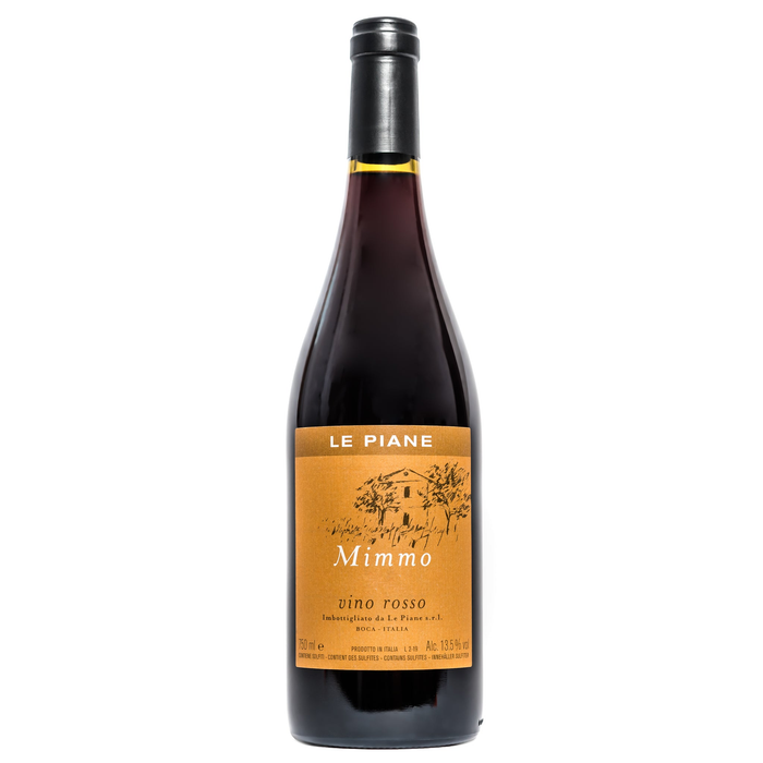 Red wine bottle with dark glass, metal foil top, and label reading “LE PIANE Mimmo”