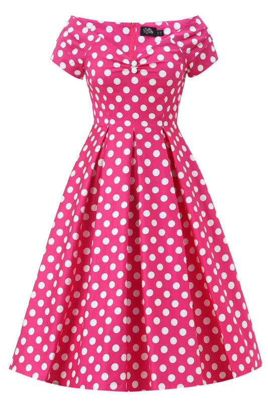 Lily Hot Pink Polka Dot Off Shoulder Dress