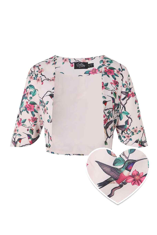 Lisette White Bird Print Bolero Jacket
