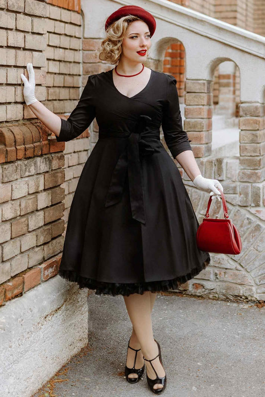 Katherine Long Sleeve 50s Style Swing Dress in All Black