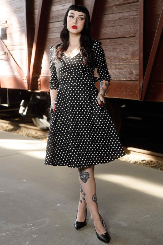 Katherine Long Sleeve 50s Style Swing Dress in Black Polka