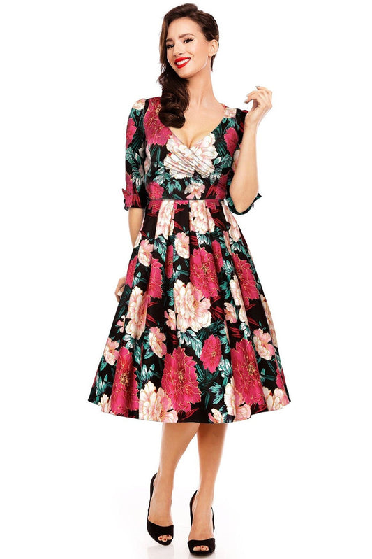 Katherine Long Sleeve 50s Swing Dress in Black-Pink-Gold Floral