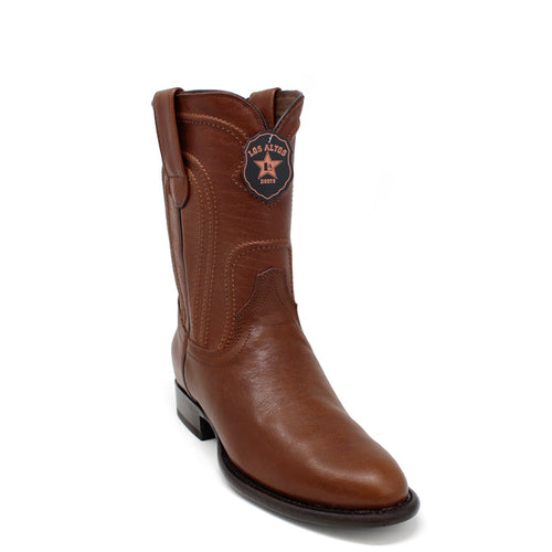 Single Los Altos Men’s Short Shaft Round Toe Boot in Brown with rounded toe and smooth leather finish.