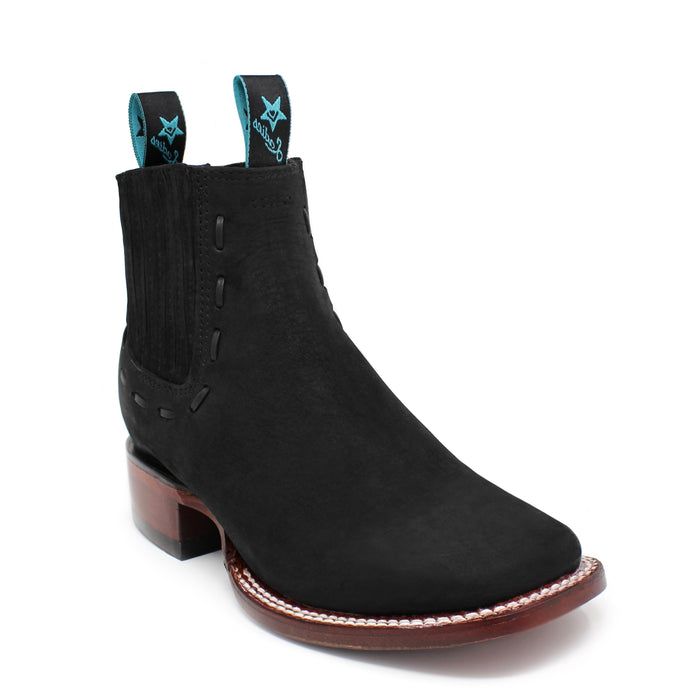 Angled front view of Los Altos Ladies Black Nobuck Boot highlighting craftsmanship and rich matte texture.