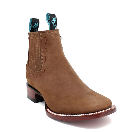 Angled front view of Los Altos Ladies Taupe Nobuck Boot highlighting craftsmanship and rich matte texture.