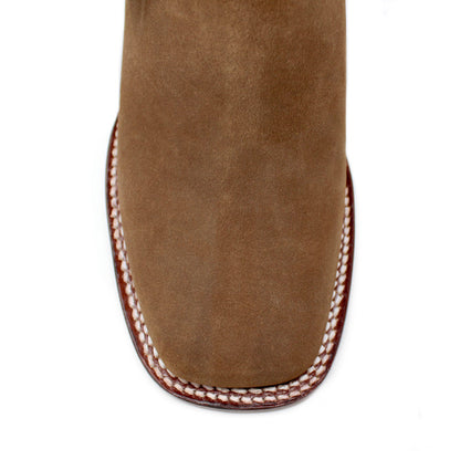 Close-up of the wide square toe and white welt stitching on Los Altos Ladies Taupe Nobuck Boot.