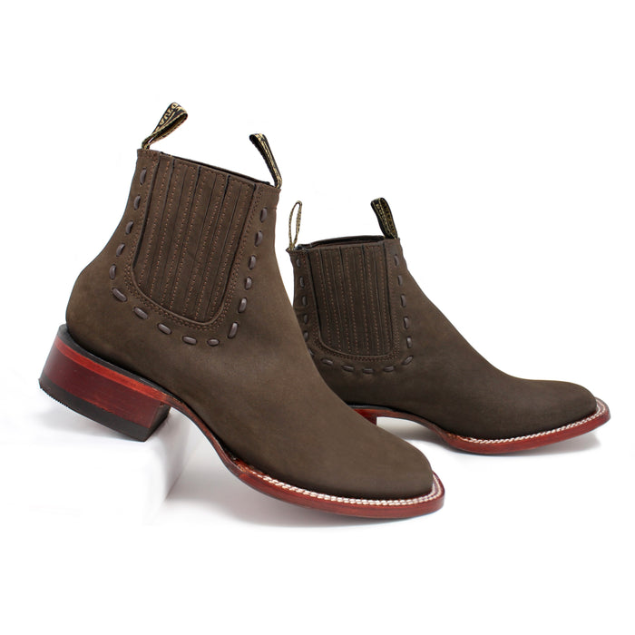 Side view of Los Altos Ladies Ankle Boot in Tabaco Nobuck featuring elastic panels and Western heel.