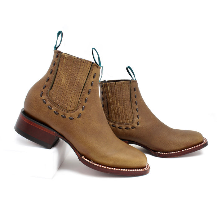 Side view of Los Altos Ladies Ankle Boot in Rage honey featuring elastic panels and Western heel.