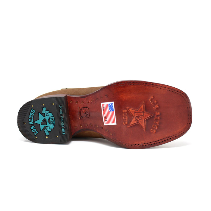 Bottom view showing leather sole with Los Altos logo and “Made in USA” details.