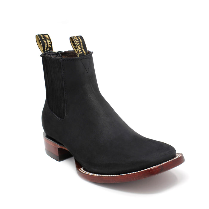 Los Altos men’s black nobuck ankle boot with wide square toe and branded pull tabs.
