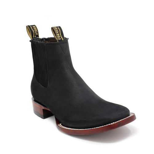 Los Altos men’s black nobuck ankle boot with wide square toe and branded pull tabs.