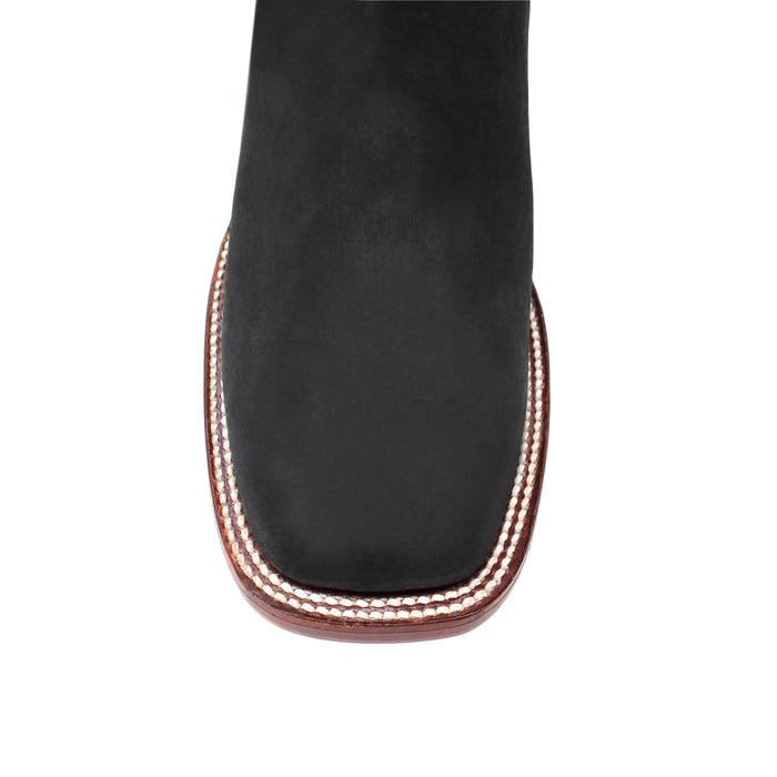 Close-up of Los Altos men’s ankle boot in black nobuck with wide square toe and stitched welt