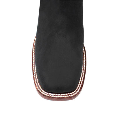 Close-up of Los Altos men’s ankle boot in black nobuck with wide square toe and stitched welt
