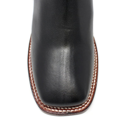 Close-up of wide square toe on Los Altos men's black imitation deer ankle boot