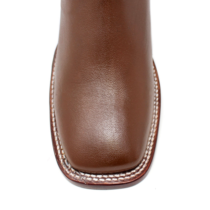 Close-up of wide square toe on Los Altos men's brown imitation deer ankle boot
