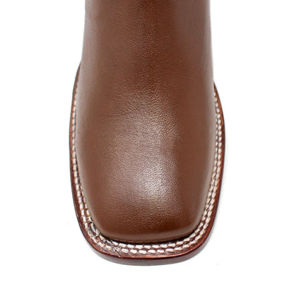 Close-up of wide square toe on Los Altos men's brown imitation deer ankle boot