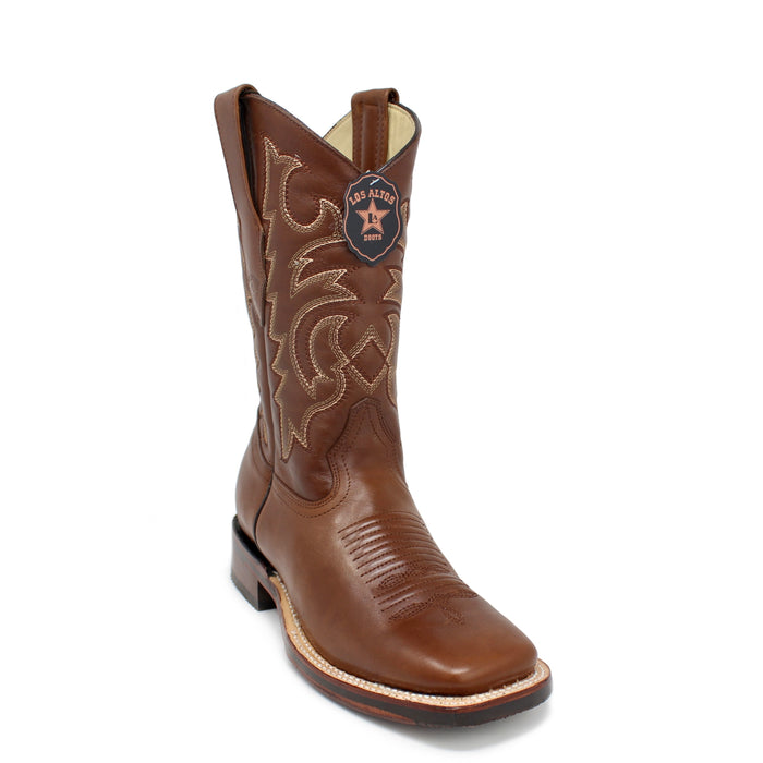 Angled front view of Los Altos Honey Brown Boots showing square toe and decorative embroidery.