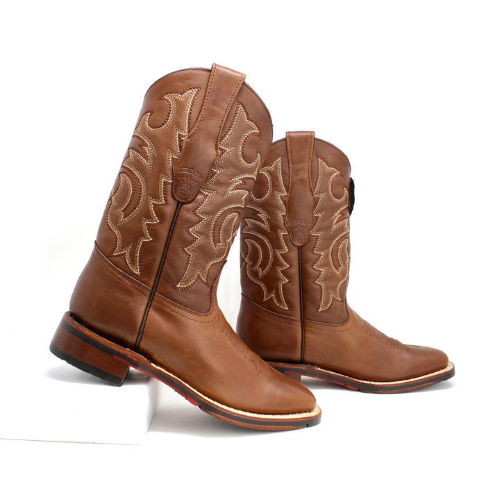Angled front view of Los Altos Cognac Brown Boots showing square toe and decorative embroidery.