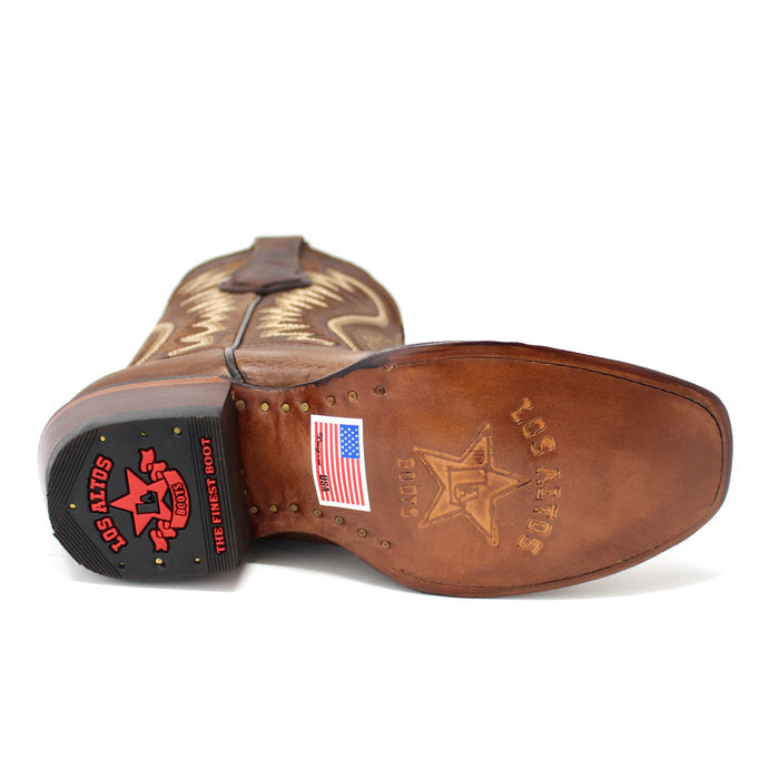 Bottom view of Los Altos Dubai Boot showing leather sole, Los Altos logo embossing, and USA flag sticker.