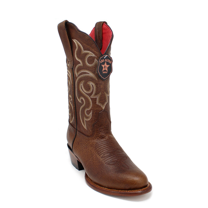 Single Los Altos Women’s Round Toe Western Boot in Rage Walnut with red interior lining and detailed shaft stitching.