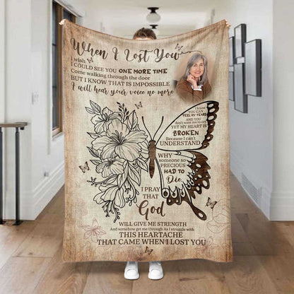 Loss Of Mother Personalized Memorial Blankets, Floral Butterfly Bereavement Poem Custom Photo Blanket