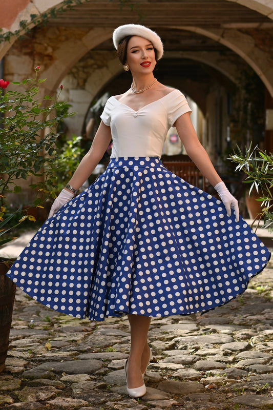 Maisie Navy Polka Dot Full Circle Midi Skirt
