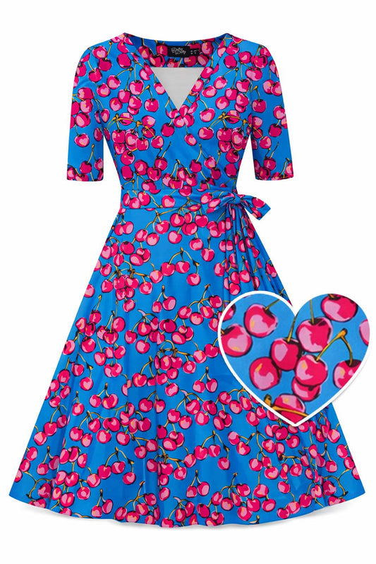 Matilda Summer Cherry Wrap Dress In Blue
