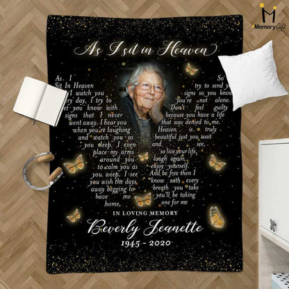 Memorial Blankets With Photo As I Sit In Heaven Butterfly, Personalized Sympathy Gifts For Loss Of Mother